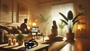 DALL·E 2024-11-12 03.45.17 - A bright, serene room filled with soft lighting, creating a relaxed atmosphere. A couple, shown in silhouette, watches an adult-themed video on a tabl